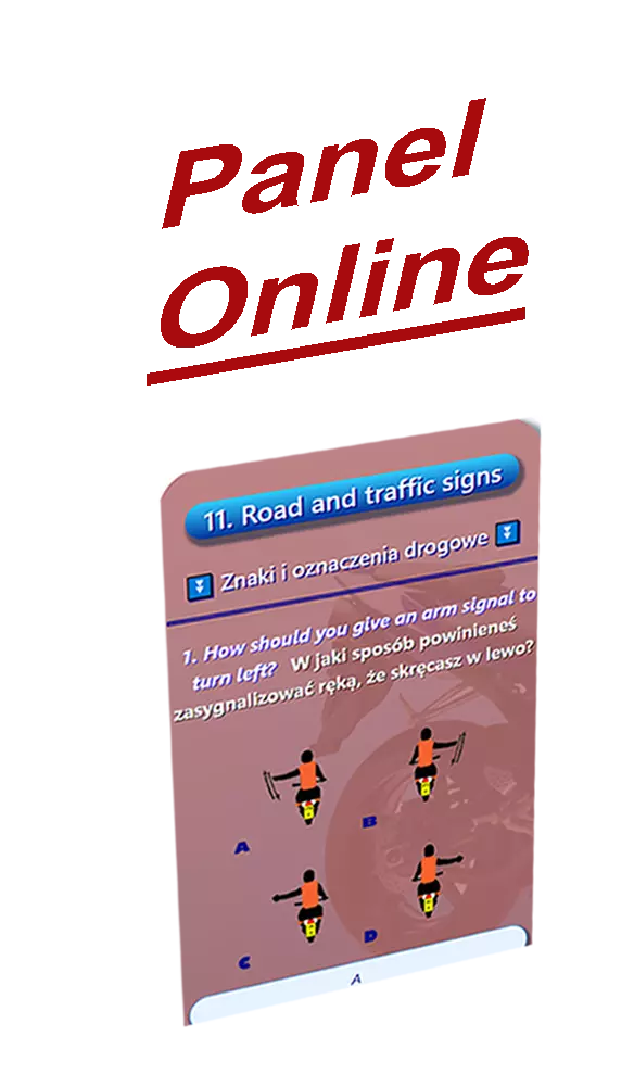 Online panel app access to Polish version of riding theory test for motorbikes UK mock tests