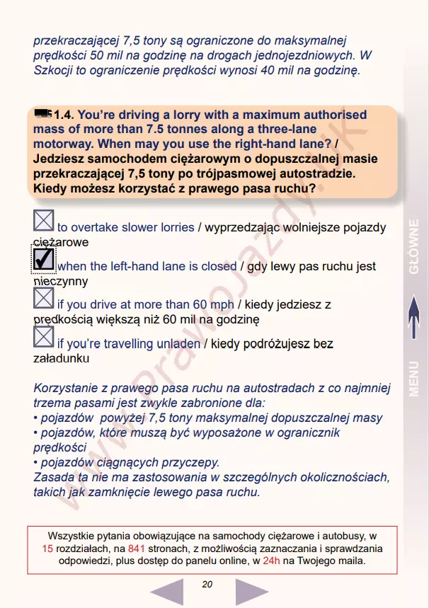 Questions and answers driving theory test UK in Polish LGV PCV lorries buses HGV